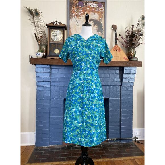 VINTAGE 1950s Floral Day Dress Collared 1960s S / M Pinup Rockabilly MCM - Picture 1 of 14